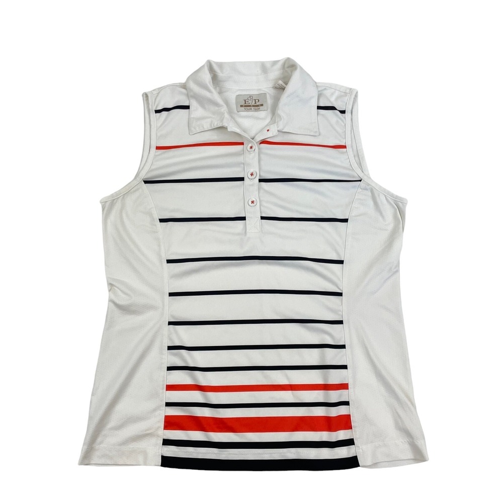 EP Pro Tour Tech Sz M Sleeveless Polo Golf Tennis Tank Top White Striped Stretch